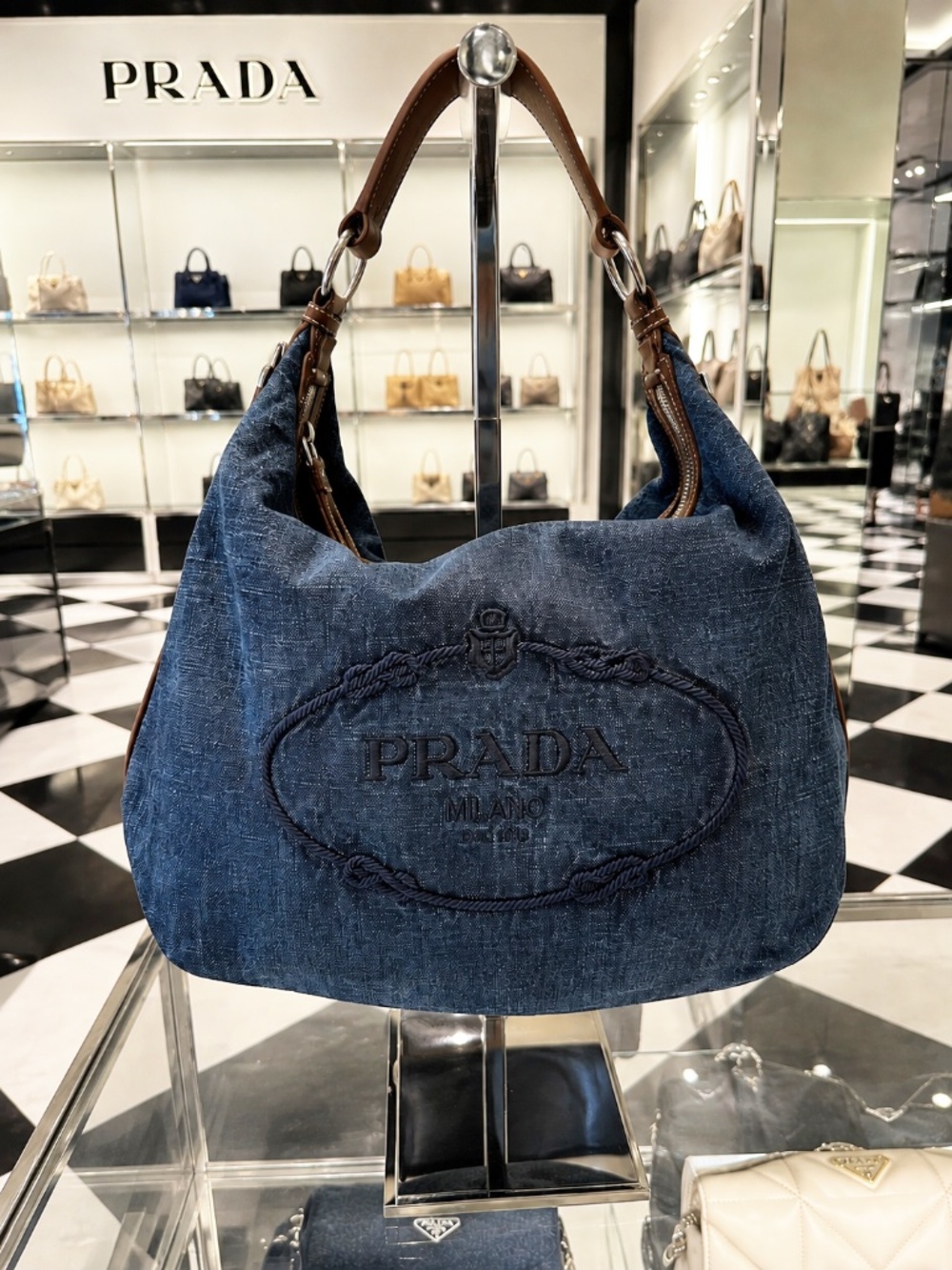 Vintage Prada Denim Hobo Bag 1990s | Embroidered Prada Milano Logo | Italy